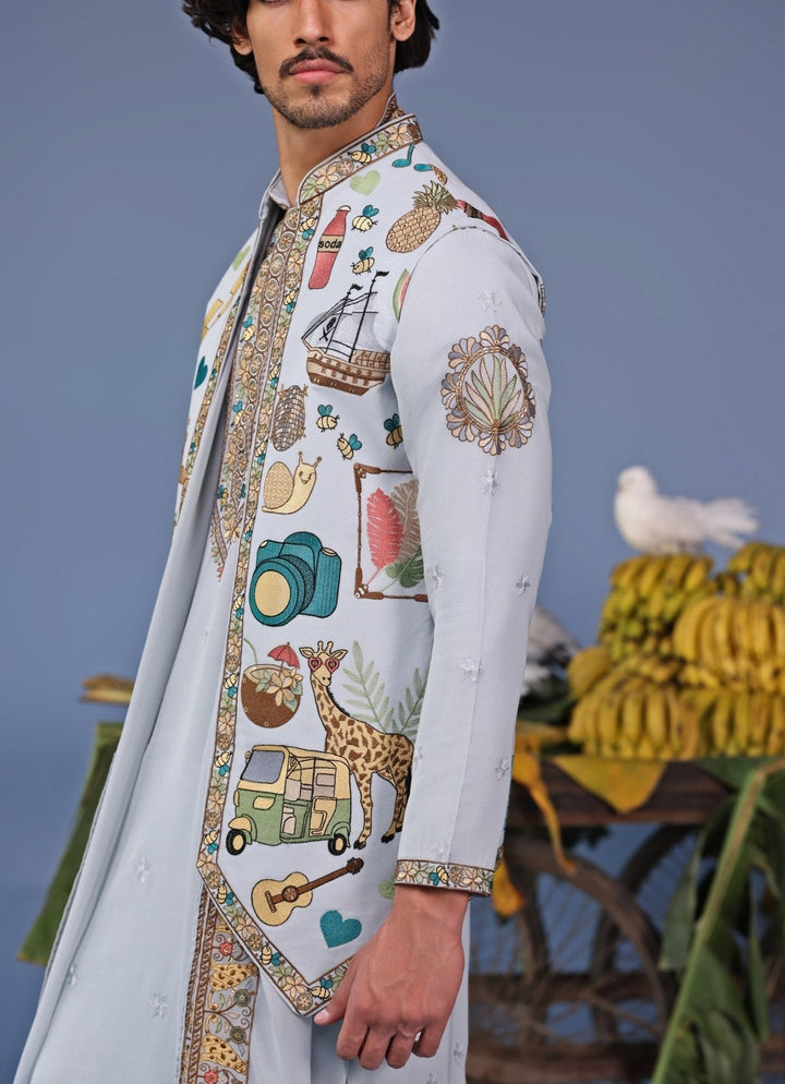 Blue Resham Embroidered Kurta Jacket Set Kalpraag - Fabilicious Fashion
