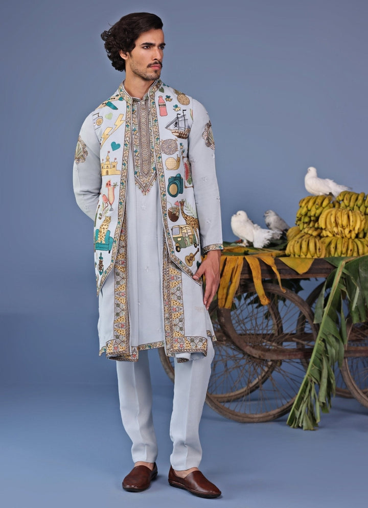 Blue Resham Embroidered Kurta Jacket Set Kalpraag - Fabilicious Fashion
