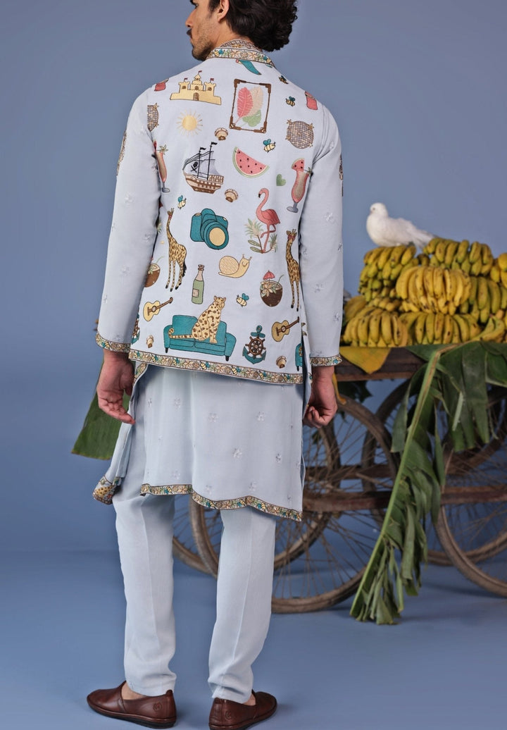 Blue Resham Embroidered Kurta Jacket Set Kalpraag - Fabilicious Fashion