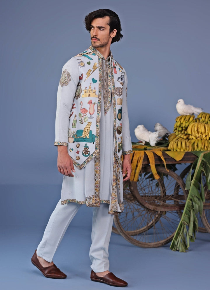 Blue Resham Embroidered Kurta Jacket Set Kalpraag - Fabilicious Fashion