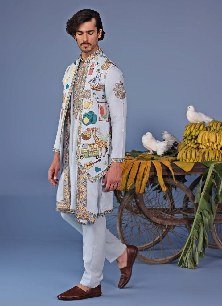 Blue Resham Embroidered Kurta Jacket Set Kalpraag - Fabilicious Fashion