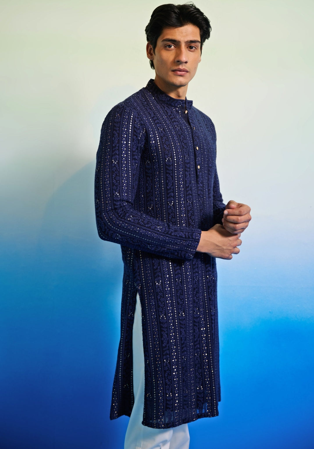 Blue Resham Embroidered Kurta Set Contrast by Parth - Fabilicious Fashion