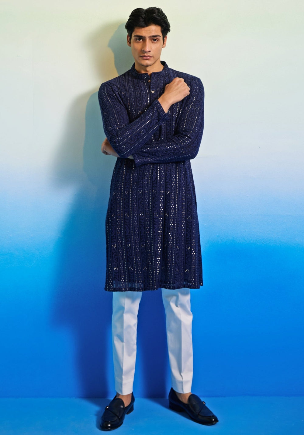 Blue Resham Embroidered Kurta Set Contrast by Parth - Fabilicious Fashion