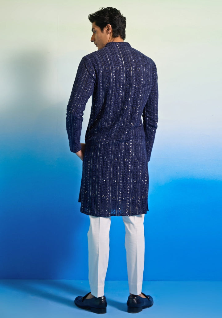 Blue Resham Embroidered Kurta Set Contrast by Parth - Fabilicious Fashion