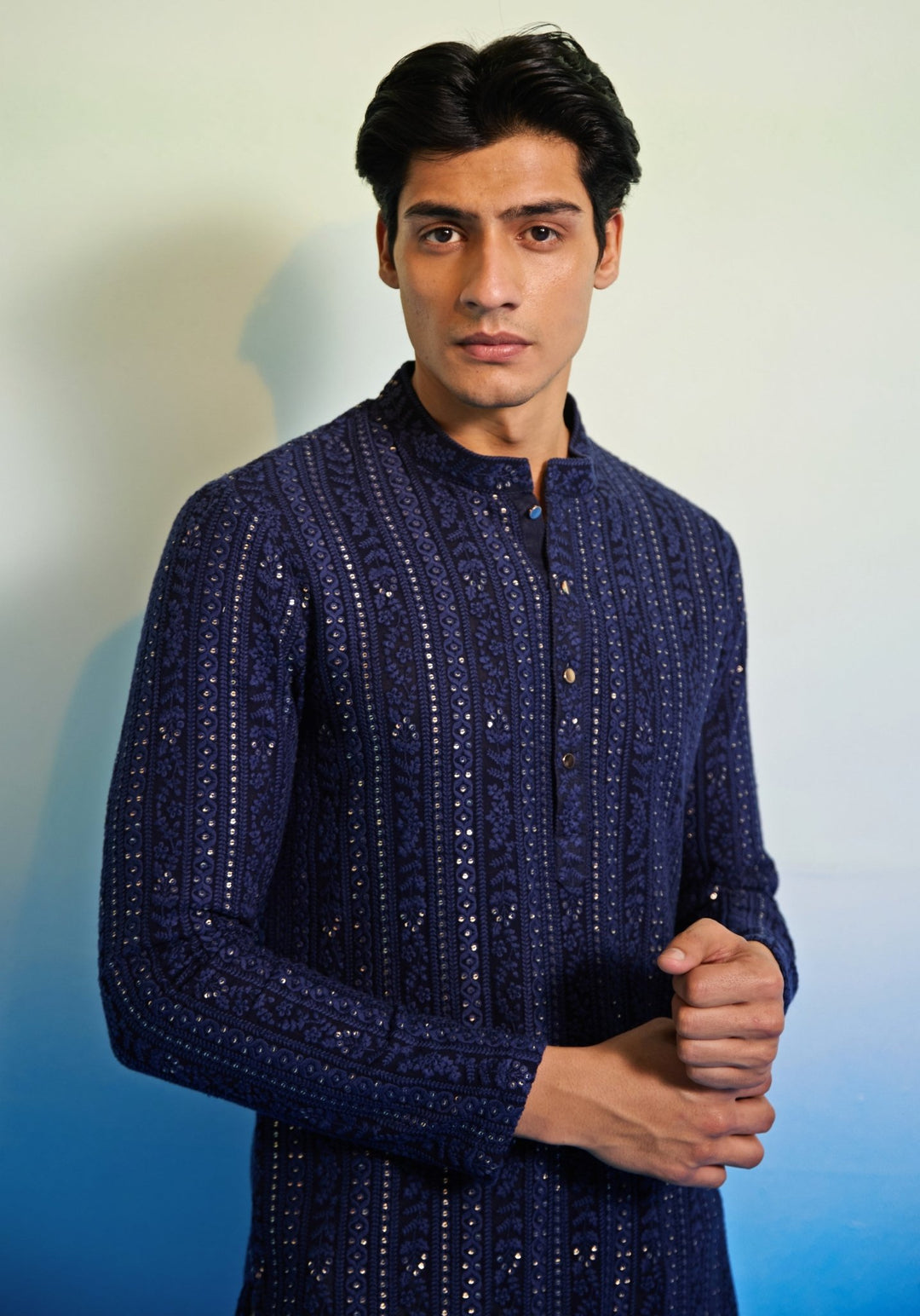 Blue Resham Embroidered Kurta Set Contrast by Parth - Fabilicious Fashion