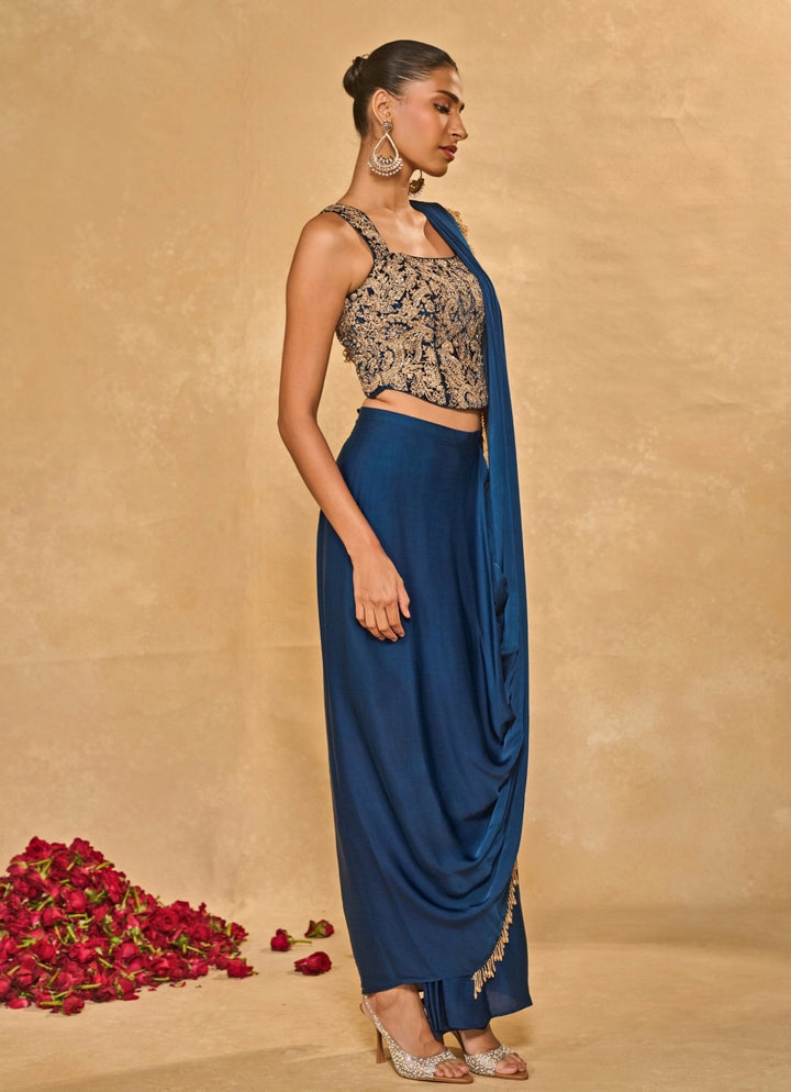 Blue Satin Chiffon Dhoti Saree With Corset Chamee and Palak - Fabilicious Fashion