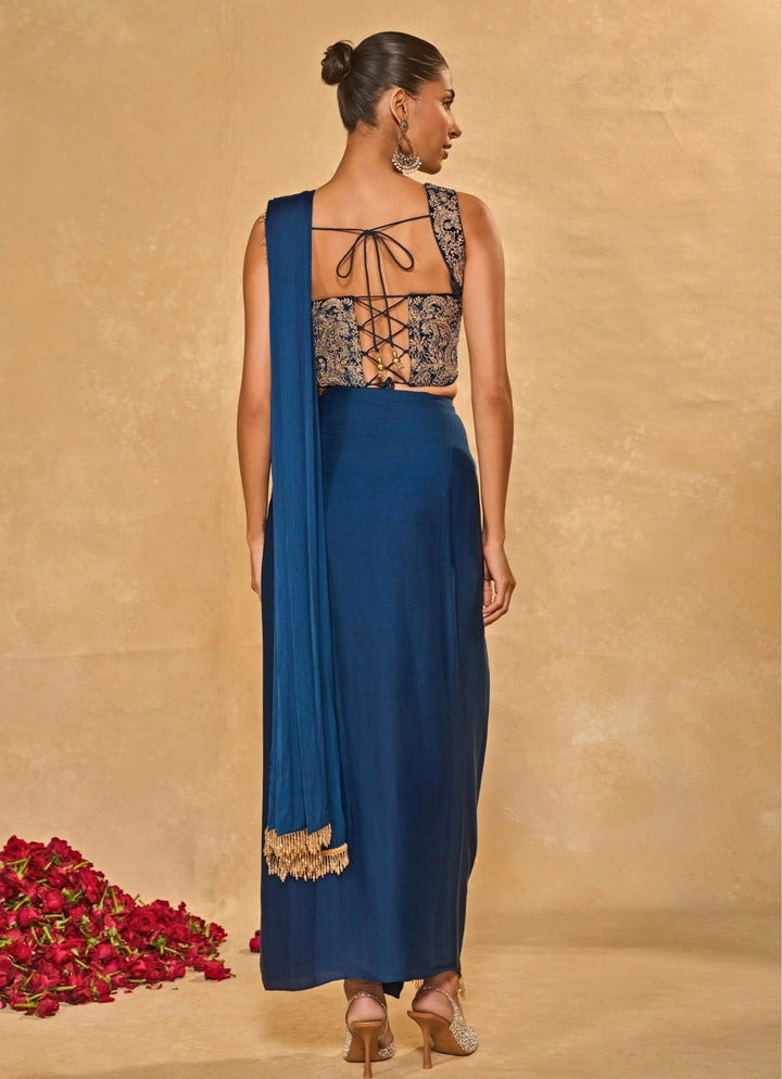 Blue Satin Chiffon Dhoti Saree With Corset Chamee and Palak - Fabilicious Fashion