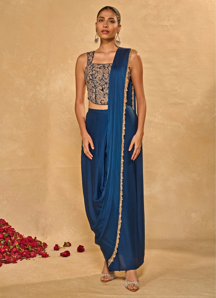 Blue Satin Chiffon Dhoti Saree With Corset Chamee and Palak - Fabilicious Fashion