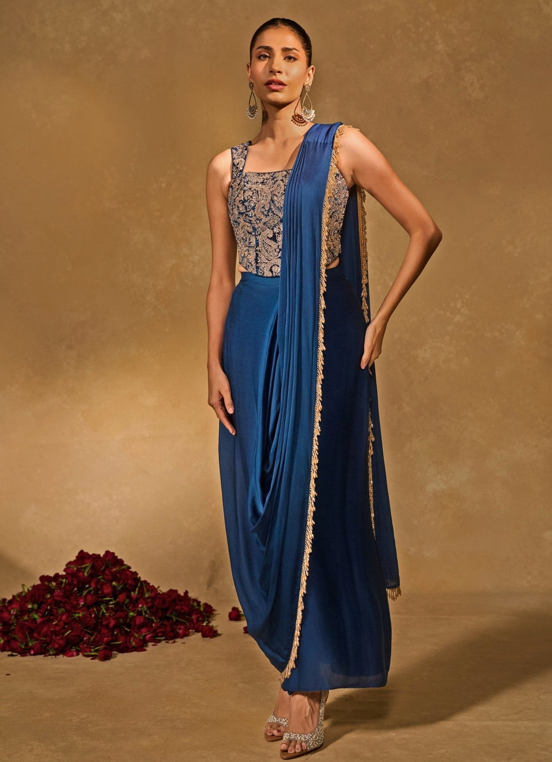 Blue Satin Chiffon Dhoti Saree With Corset Chamee and Palak - Fabilicious Fashion