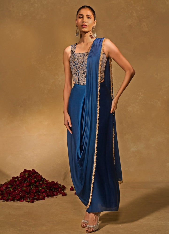 Blue Satin Chiffon Dhoti Saree With Corset Chamee and Palak - Fabilicious Fashion
