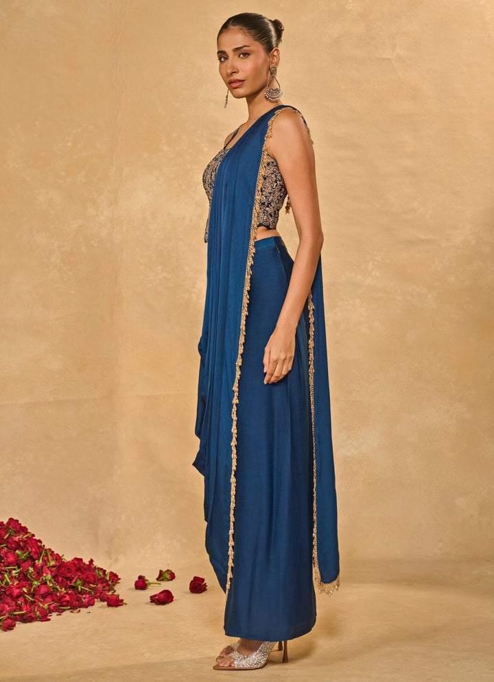 Blue Satin Chiffon Dhoti Saree With Corset Chamee and Palak - Fabilicious Fashion