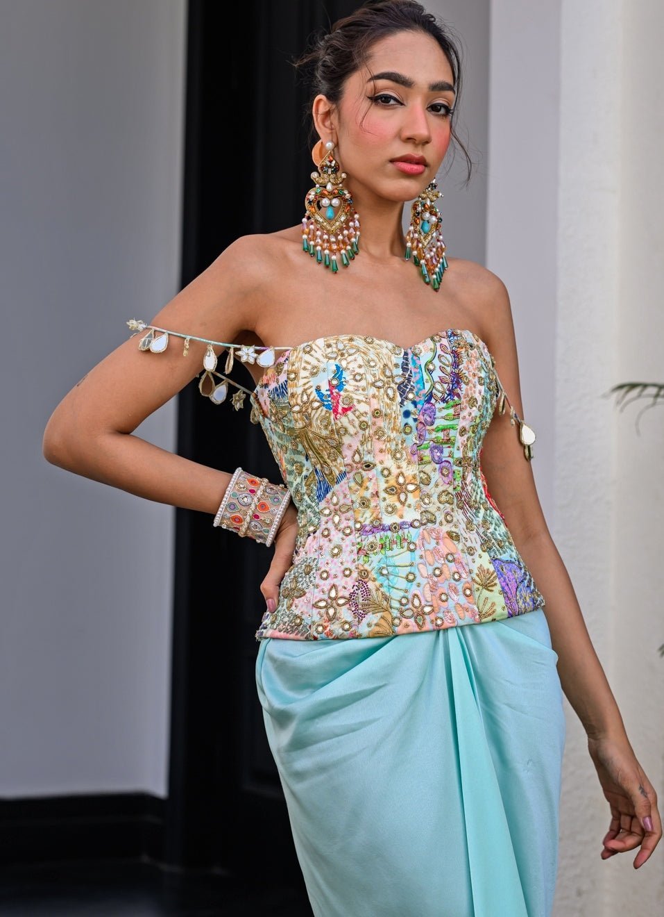 Blue Satin Dhoti Skirt With Sequins Corset Juhi Bengani - Fabilicious Fashion