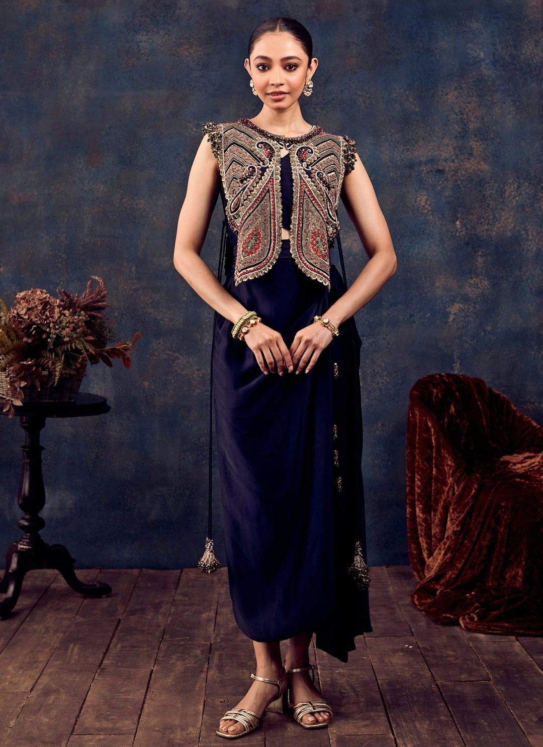 Prisho Blue Satin Drape Skirt Set With Embroidered JacketFabilicious Fashion