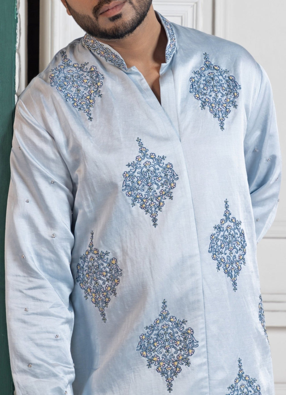 Blue Satin Embroidered Kurta Pant Set Smriti - Fabilicious Fashion