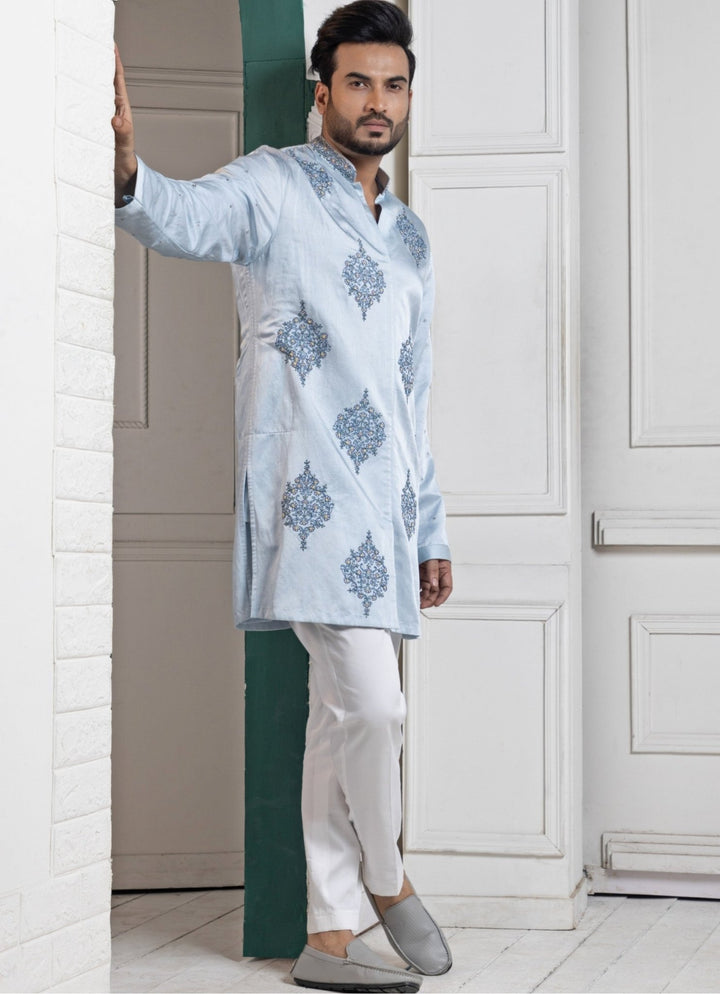 Blue Satin Embroidered Kurta Pant Set Smriti - Fabilicious Fashion