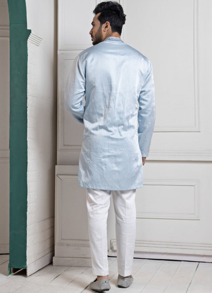 Blue Satin Embroidered Kurta Pant Set Smriti - Fabilicious Fashion