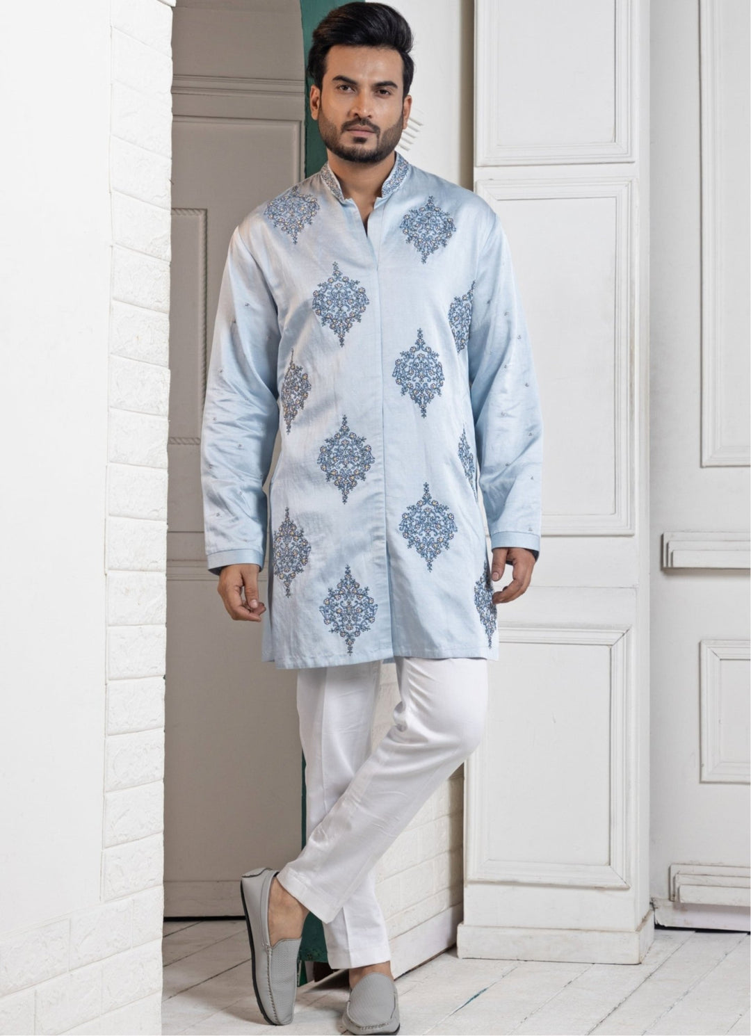 Blue Satin Embroidered Kurta Pant Set Smriti - Fabilicious Fashion