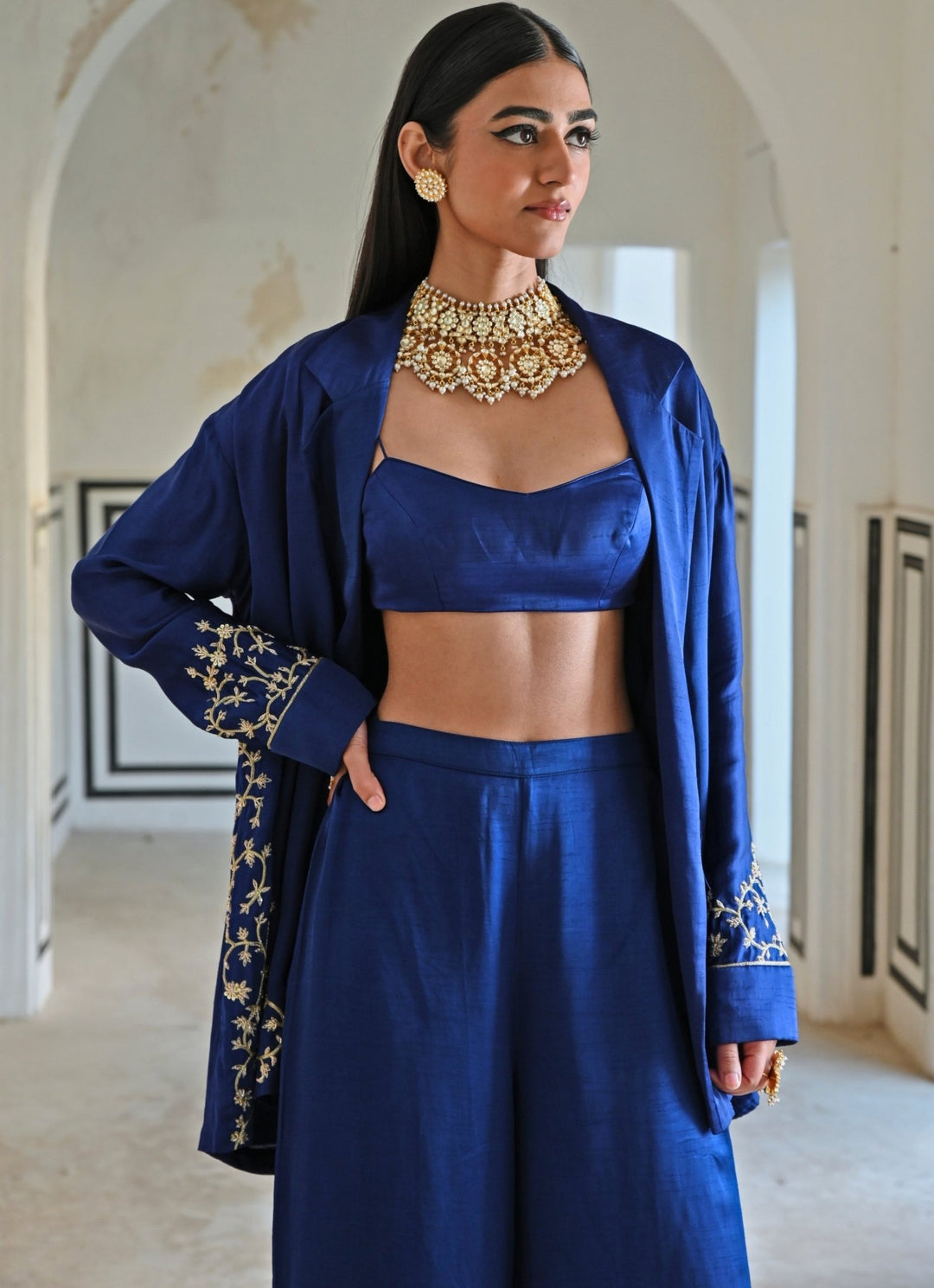 Blue Satin Pant Set With Embroidered Cape Ease - Fabilicious Fashion