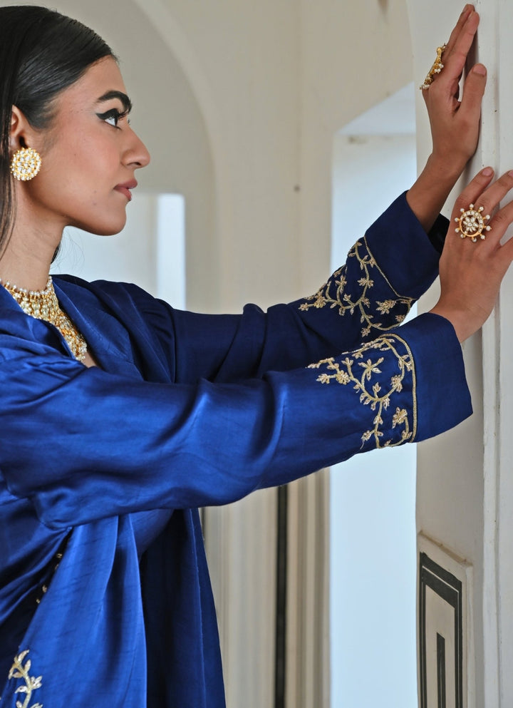 Blue Satin Pant Set With Embroidered Cape Ease - Fabilicious Fashion