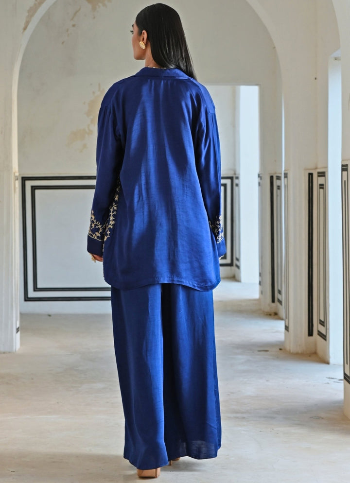 Blue Satin Pant Set With Embroidered Cape Ease - Fabilicious Fashion