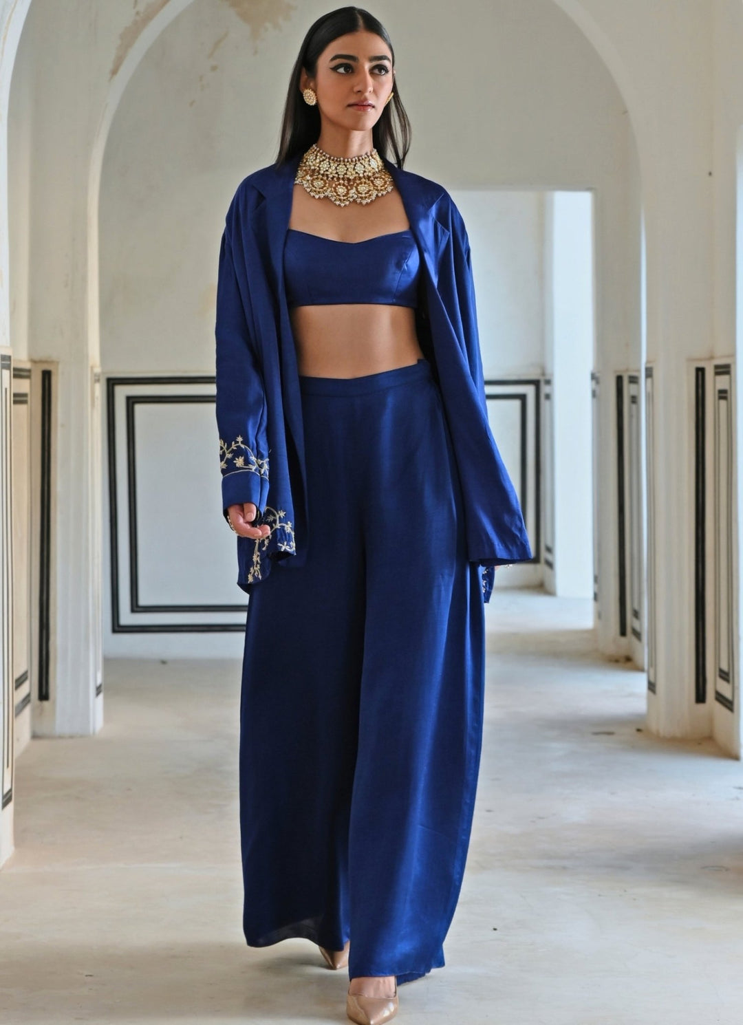 Blue Satin Pant Set With Embroidered Cape Ease - Fabilicious Fashion