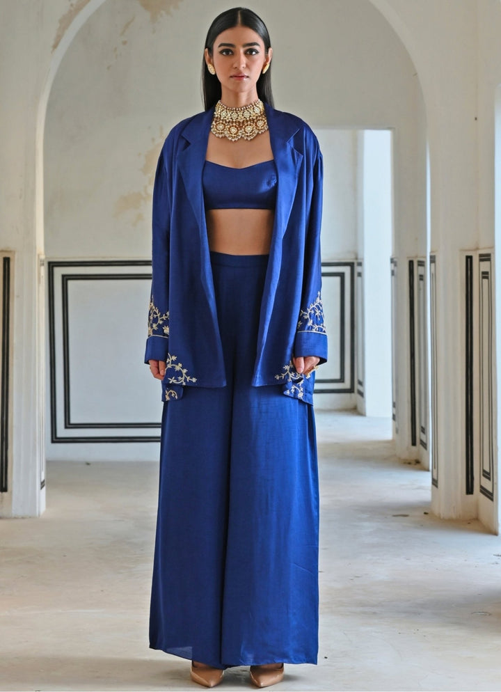Blue Satin Pant Set With Embroidered Cape Ease - Fabilicious Fashion