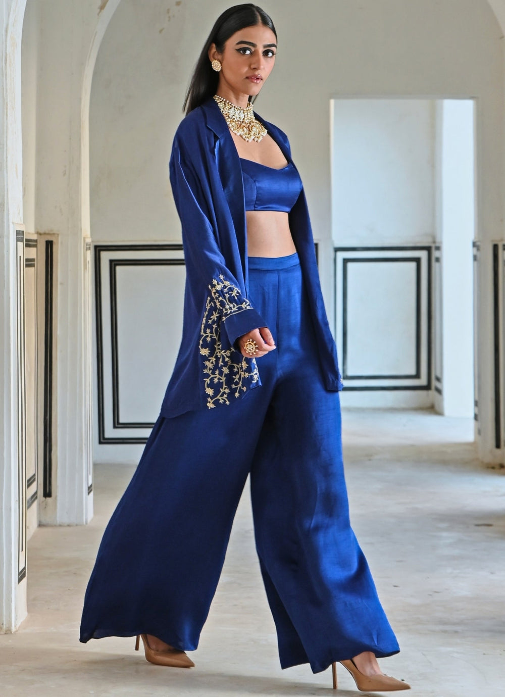 Blue Satin Pant Set With Embroidered Cape Ease - Fabilicious Fashion