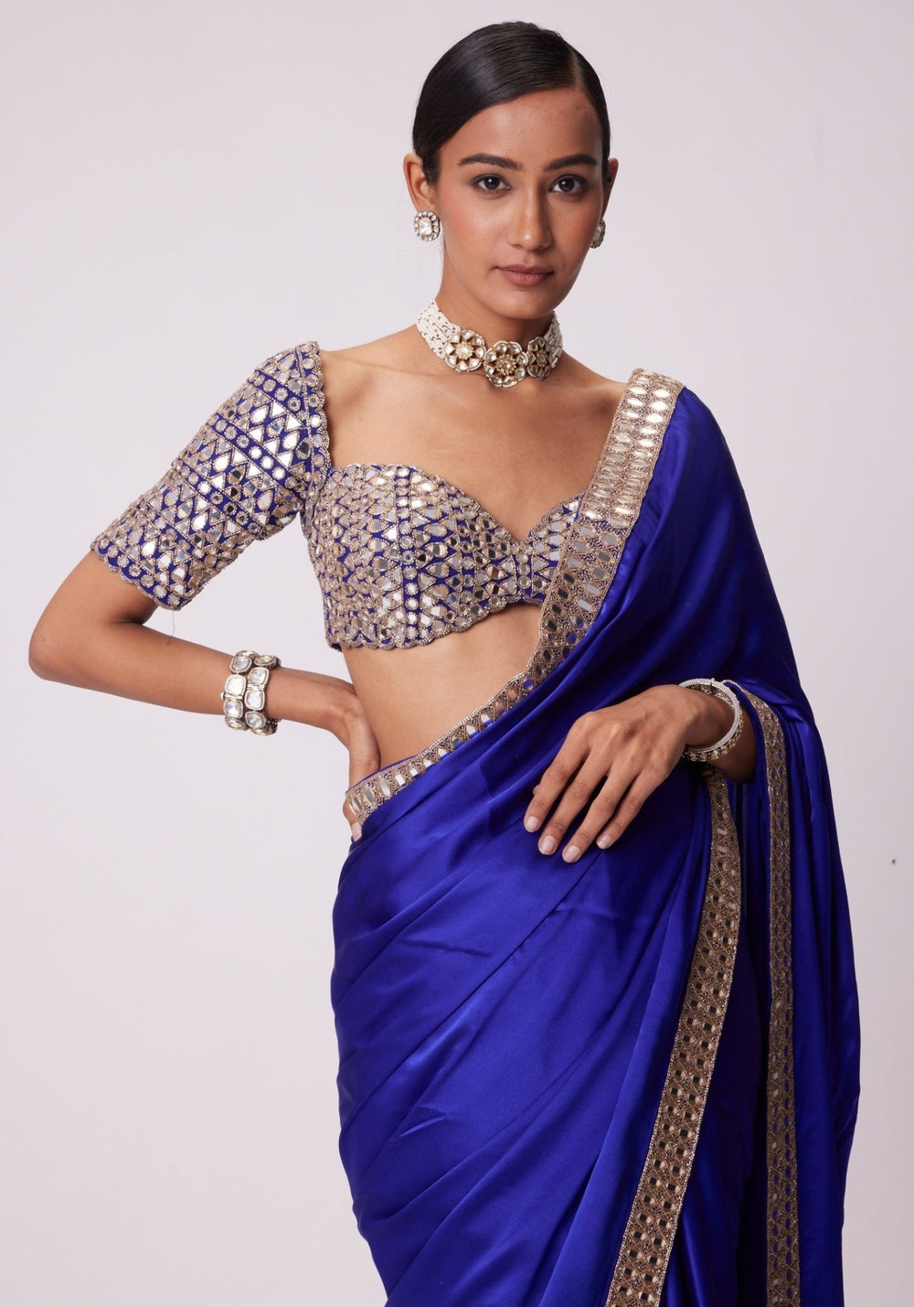 Blue Satin Saree With Elbow Sleeve Embroidered Blouse Vvani by Vani Vats - Fabilicious Fashion
