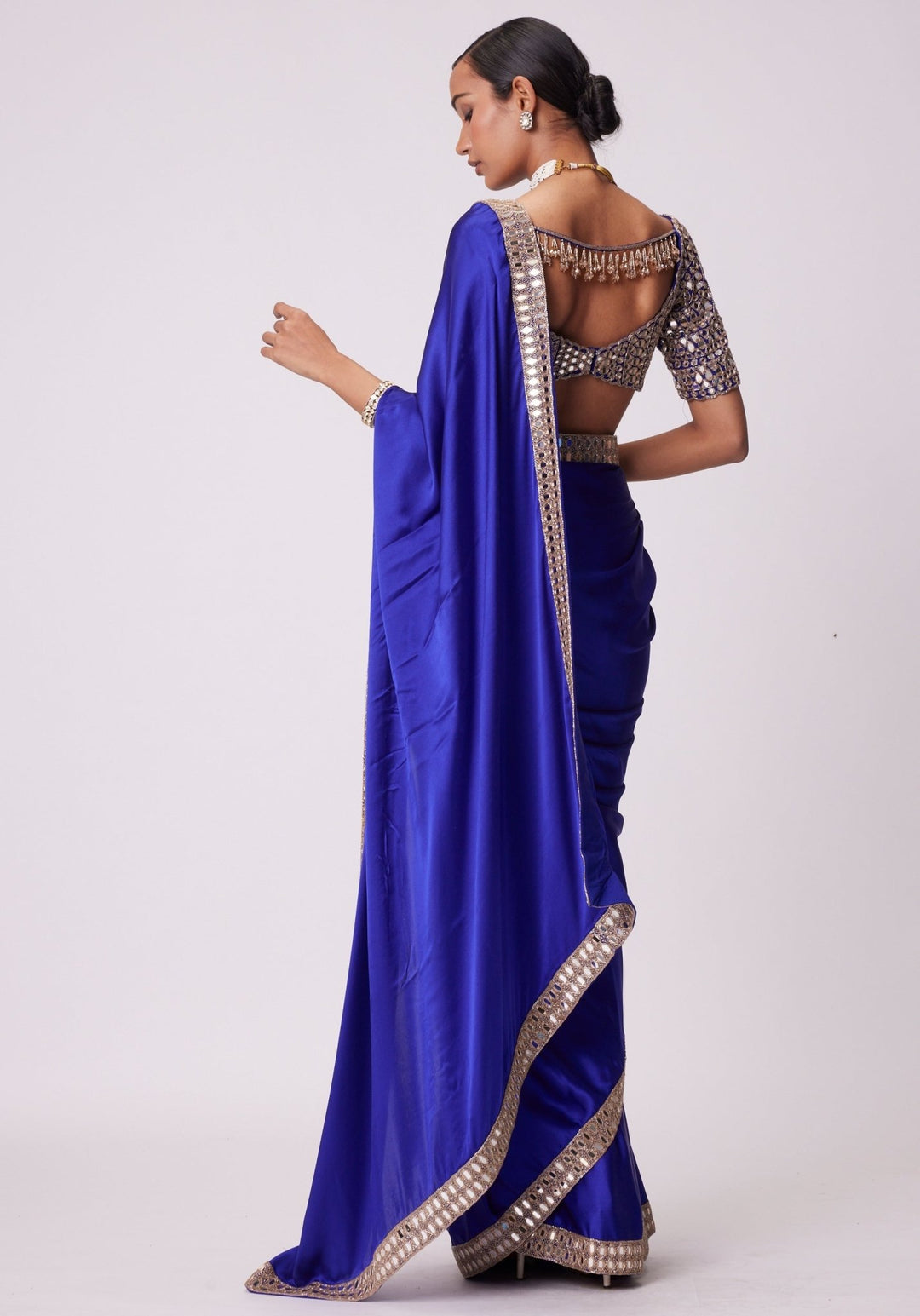 Blue Satin Saree With Elbow Sleeve Embroidered Blouse Vvani by Vani Vats - Fabilicious Fashion
