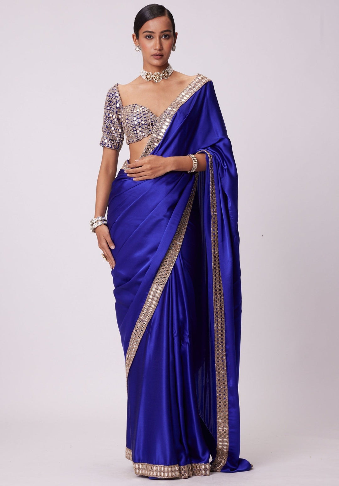 Blue Satin Saree With Elbow Sleeve Embroidered Blouse Vvani by Vani Vats - Fabilicious Fashion