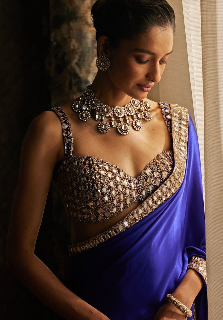 Blue Satin Saree With Sleeveless Embroidered Blouse Vvani by Vani Vats - Fabilicious Fashion
