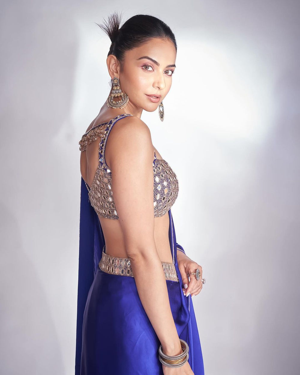 Blue Satin Saree With Sleeveless Embroidered Blouse Vvani by Vani Vats - Fabilicious Fashion