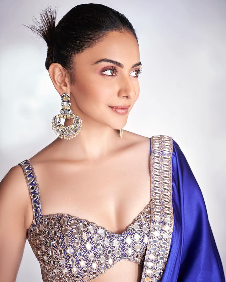 Blue Satin Saree With Sleeveless Embroidered Blouse Vvani by Vani Vats - Fabilicious Fashion