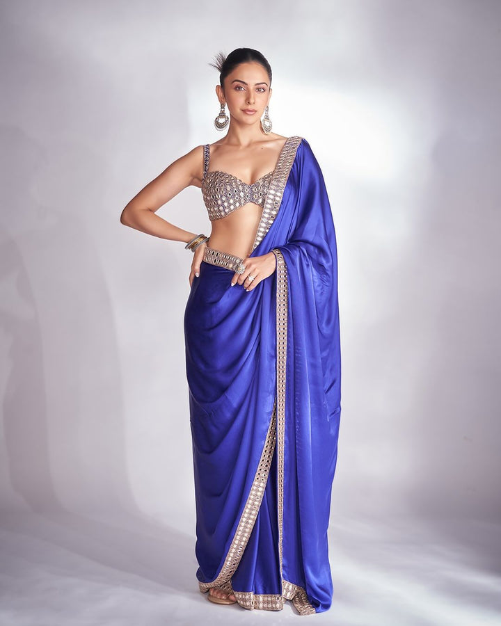 Blue Satin Saree With Sleeveless Embroidered Blouse Vvani by Vani Vats - Fabilicious Fashion