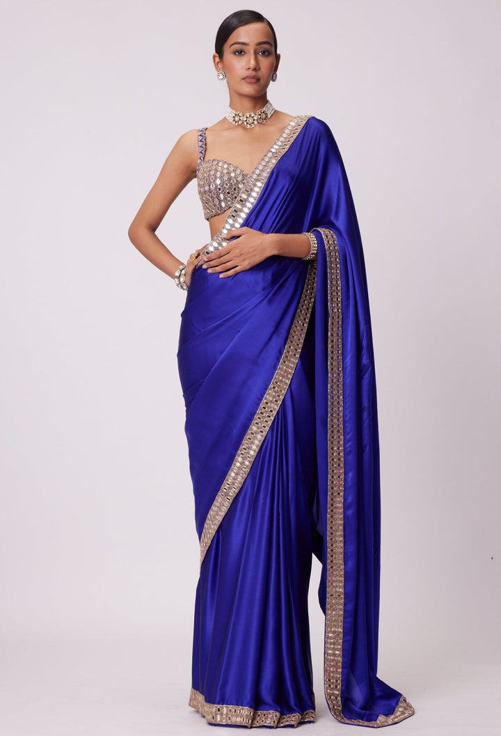 Blue Satin Saree With Sleeveless Embroidered Blouse Vvani by Vani Vats - Fabilicious Fashion