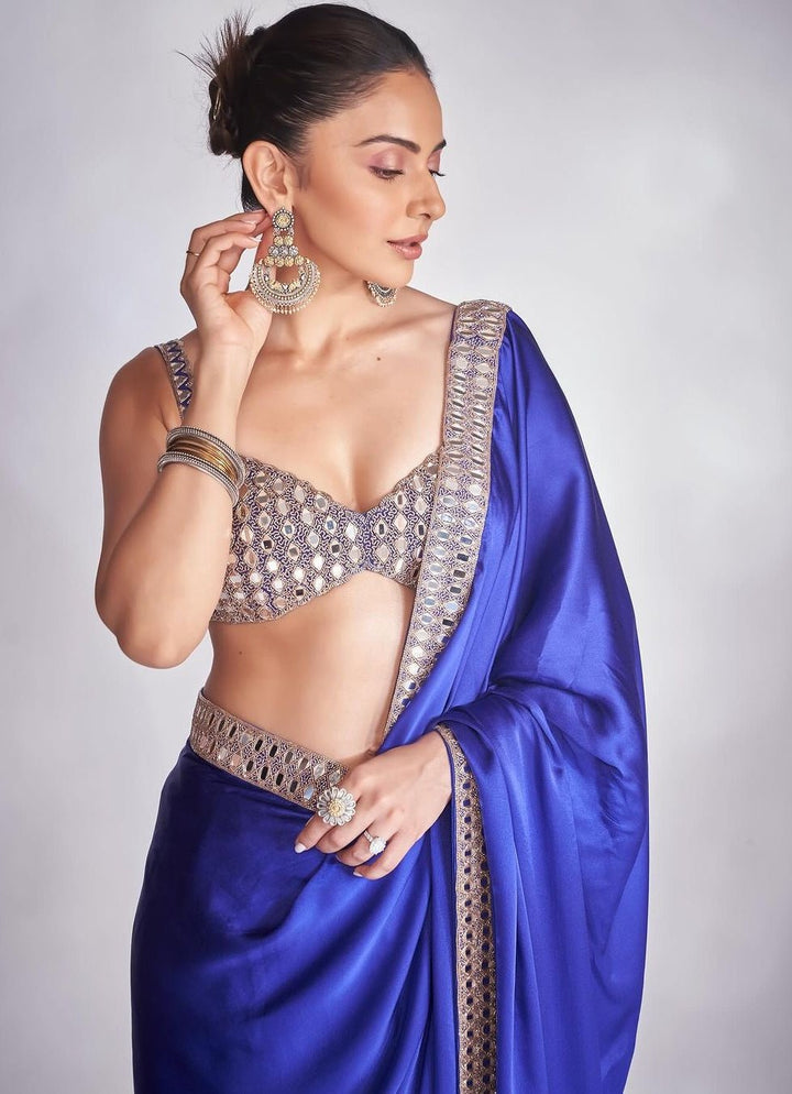 Blue Satin Saree With Sleeveless Embroidered Blouse Vvani by Vani Vats - Fabilicious Fashion
