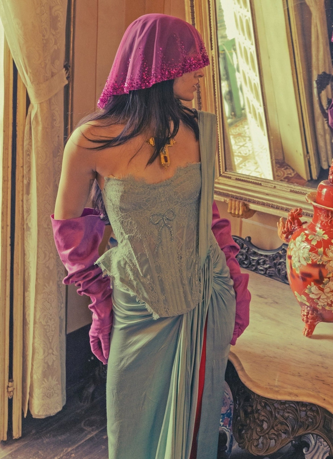 The Little Black Bow Blue Satin Silk Pre-Draped Saree With CorsetFabilicious Fashion