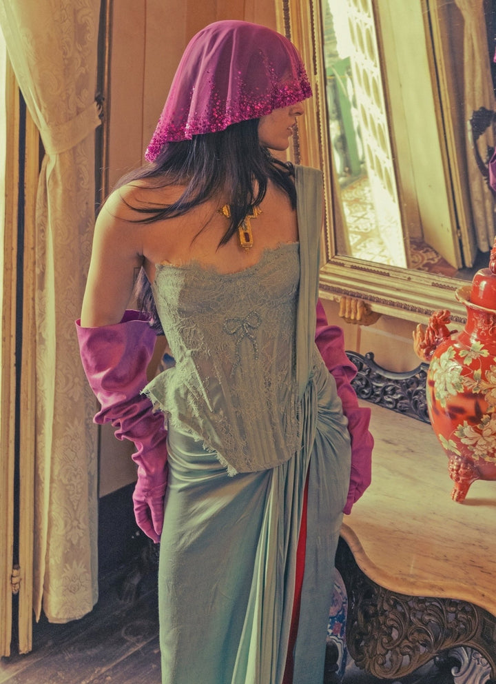 The Little Black Bow Blue Satin Silk Pre-Draped Saree With CorsetFabilicious Fashion