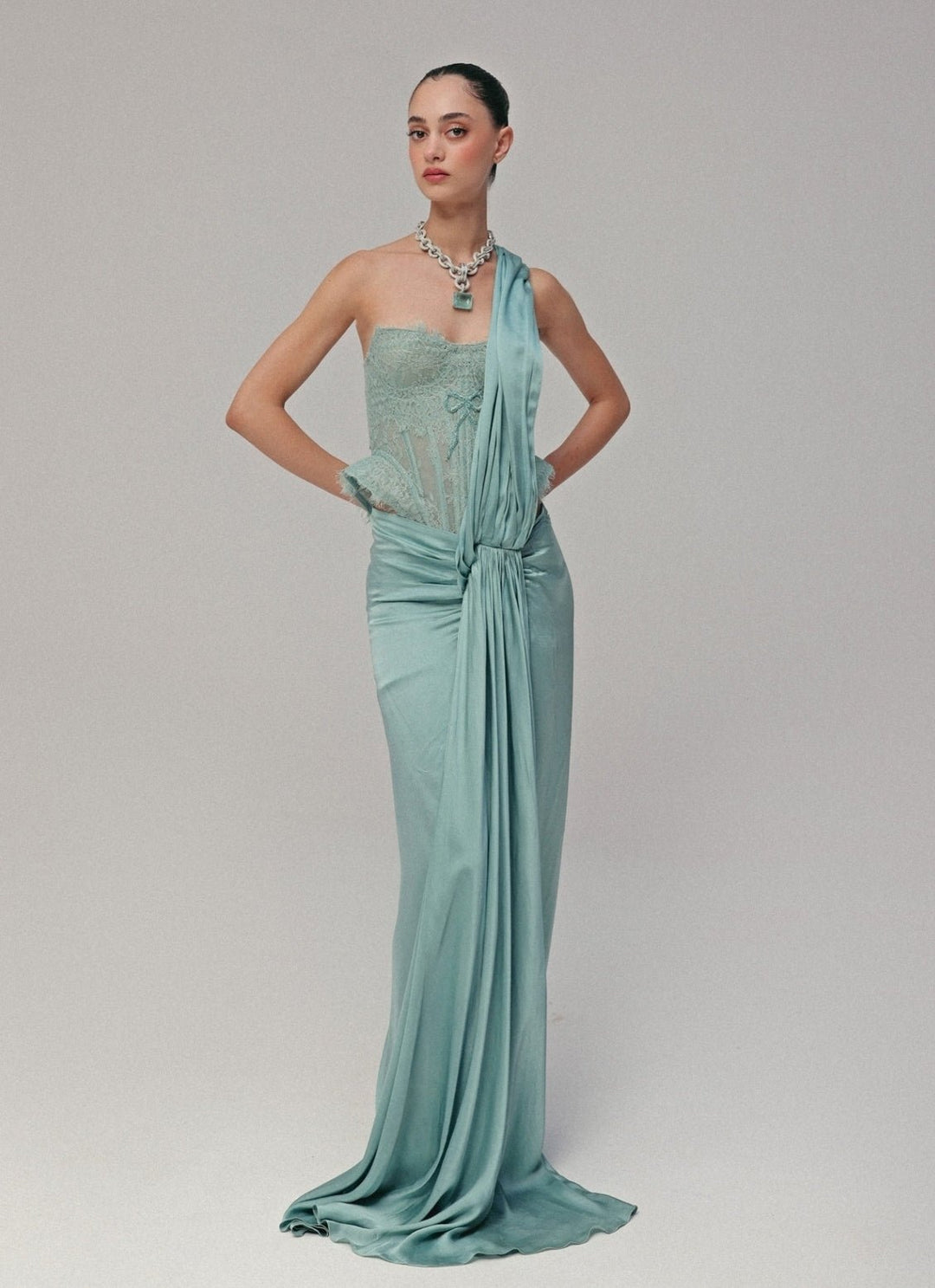 The Little Black Bow Blue Satin Silk Pre-Draped Saree With CorsetFabilicious Fashion