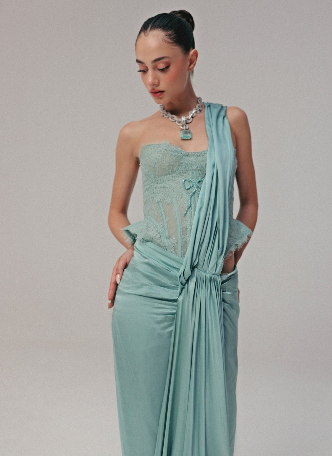 The Little Black Bow Blue Satin Silk Pre-Draped Saree With CorsetFabilicious Fashion