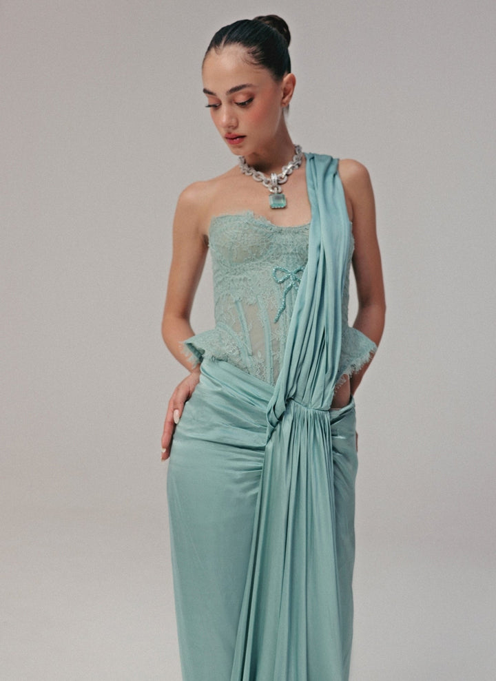 The Little Black Bow Blue Satin Silk Pre-Draped Saree With CorsetFabilicious Fashion