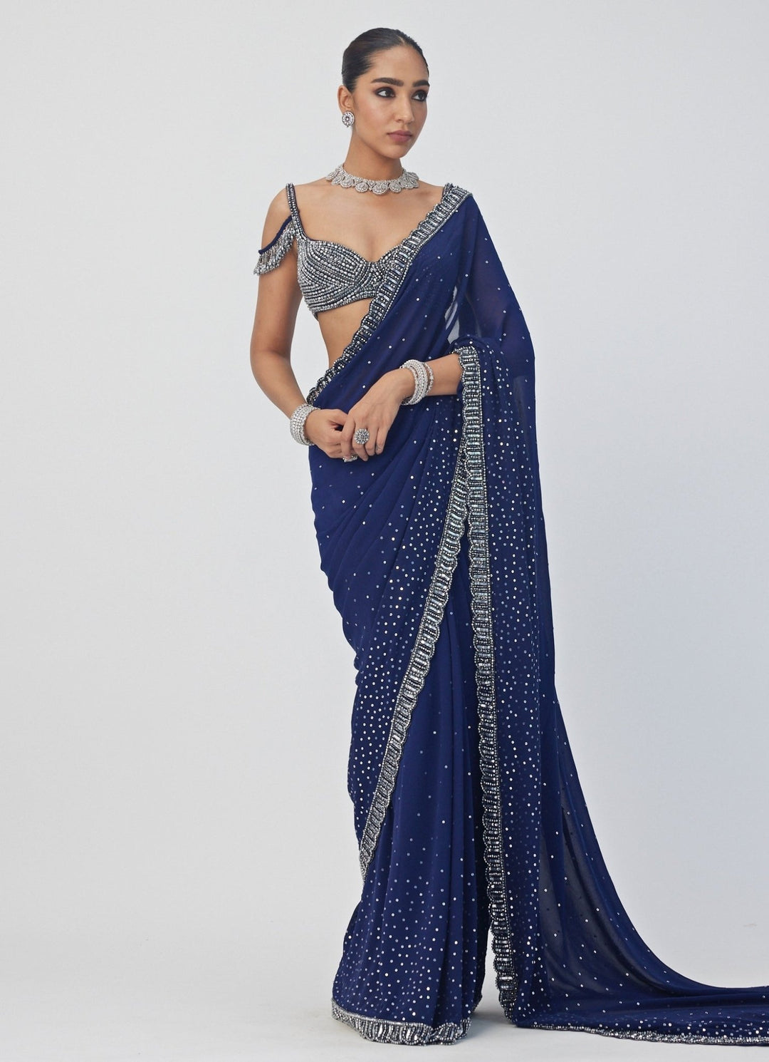 Blue Sequin Embroidered Georgette Saree Set Vvani By Vani Vats - Fabilicious Fashion