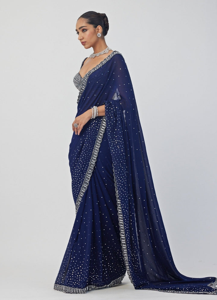 Blue Sequin Embroidered Georgette Saree Set Vvani By Vani Vats - Fabilicious Fashion