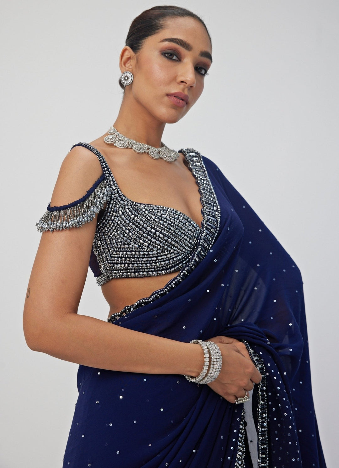 Blue Sequin Embroidered Georgette Saree Set Vvani By Vani Vats - Fabilicious Fashion