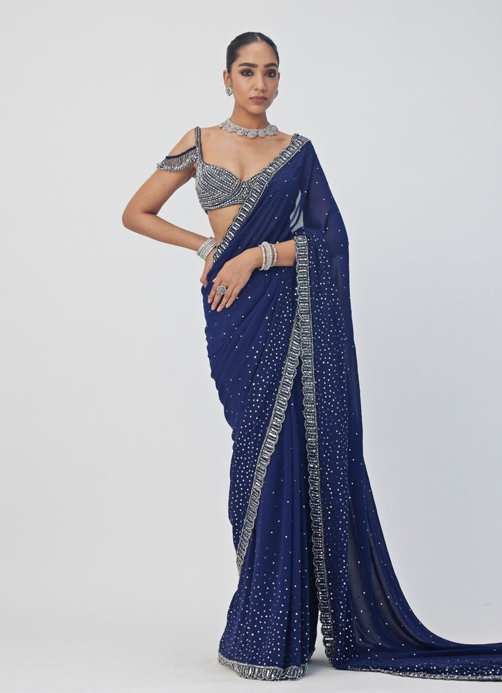 Blue Sequin Embroidered Georgette Saree Set Vvani By Vani Vats - Fabilicious Fashion