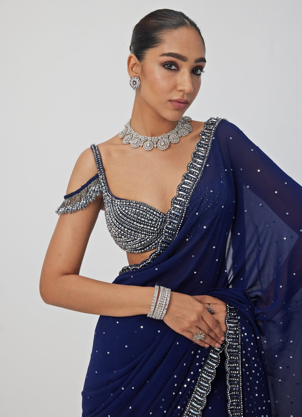Blue Sequin Embroidered Georgette Saree Set Vvani By Vani Vats - Fabilicious Fashion