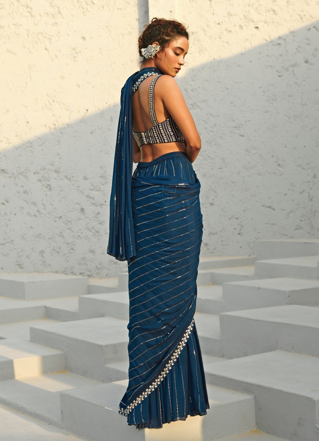 Blue Sequin Embroidered Pre - Stitched Georgette Saree Chamee and Palak - Fabilicious Fashion