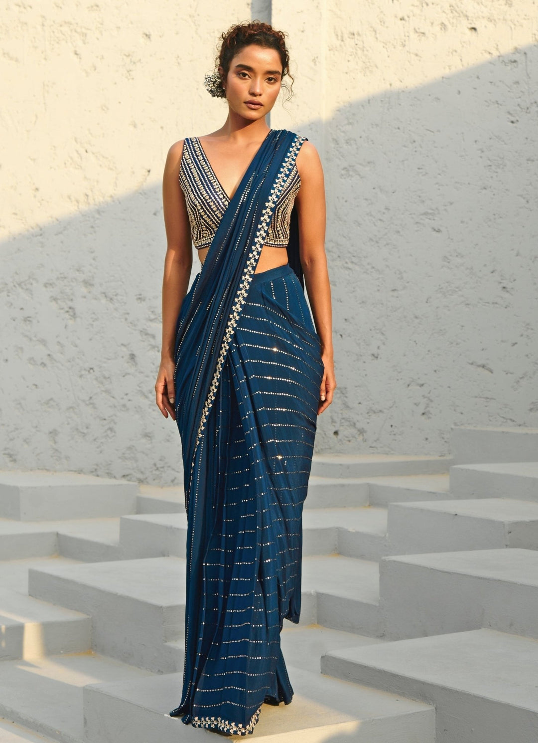 Blue Sequin Embroidered Pre - Stitched Georgette Saree Chamee and Palak - Fabilicious Fashion