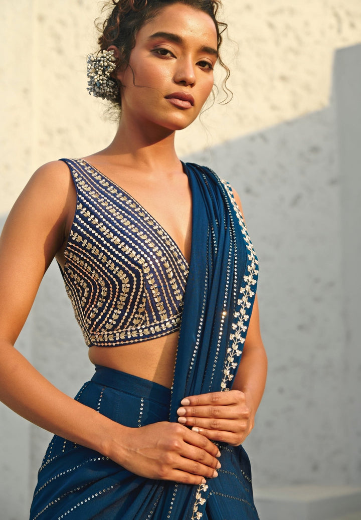 Blue Sequin Embroidered Pre - Stitched Georgette Saree Chamee and Palak - Fabilicious Fashion