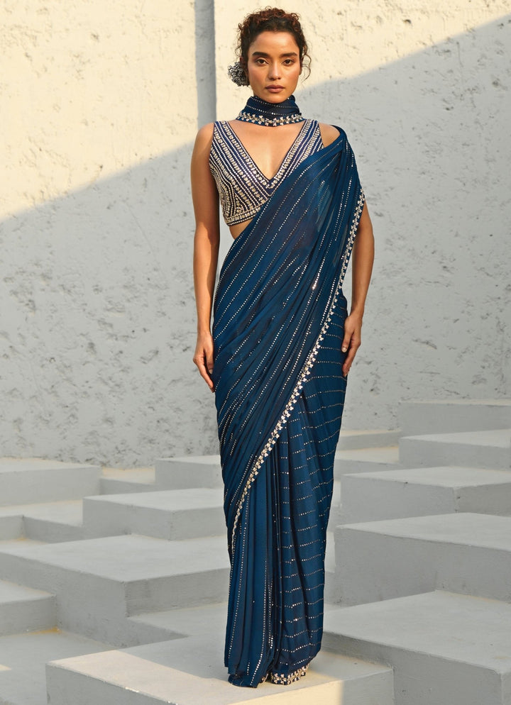Blue Sequin Embroidered Pre - Stitched Georgette Saree Chamee and Palak - Fabilicious Fashion
